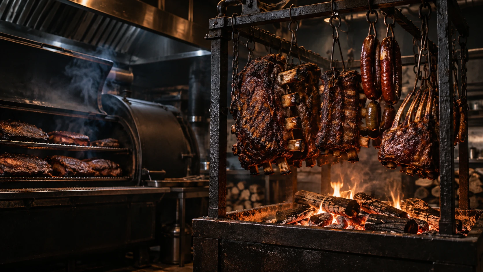 Smokehouse concept with a barrel smoker and a steel fire cage above glowing wood embers