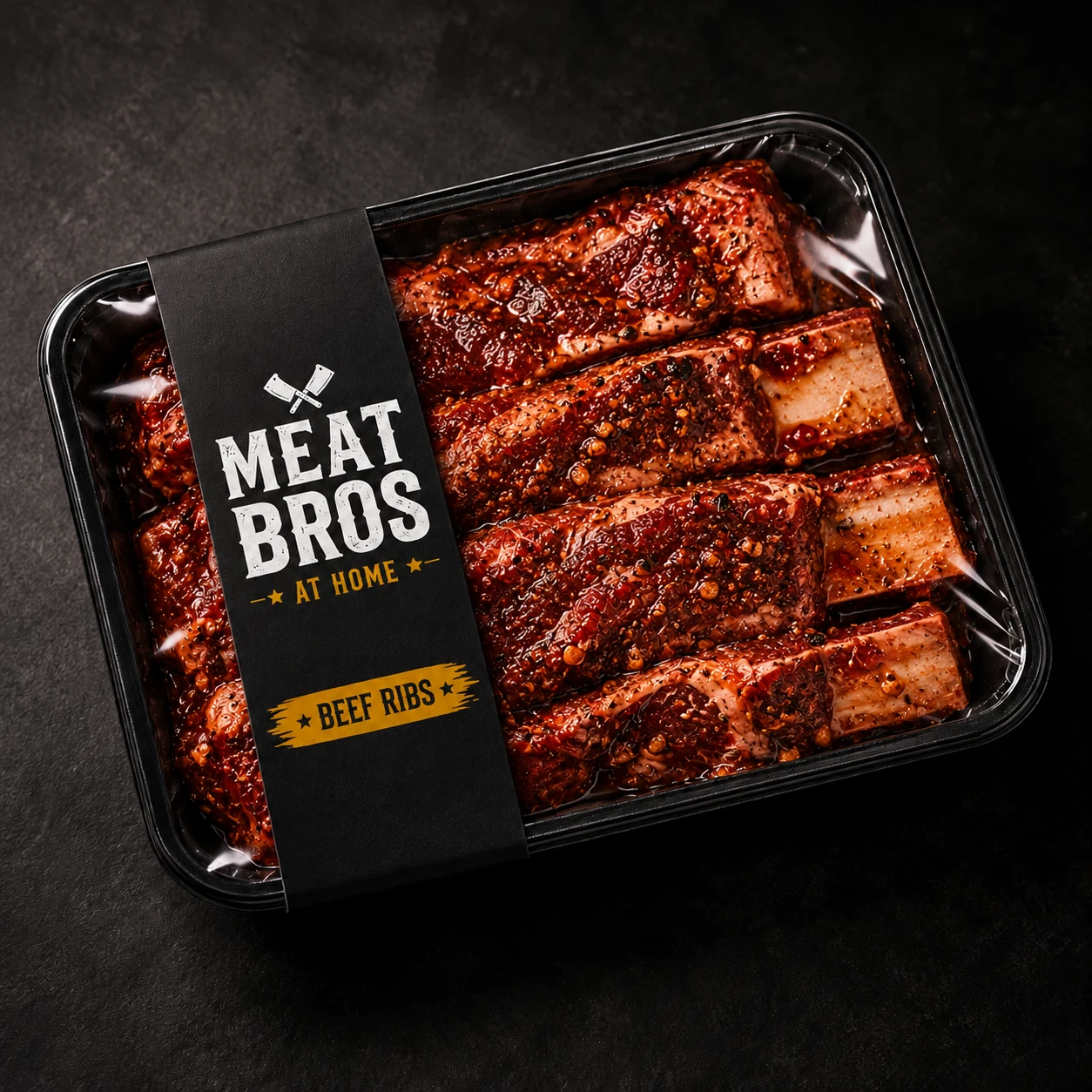 A sealed pack of marinated beef ribs — illustrative Meat Bros packaging concept