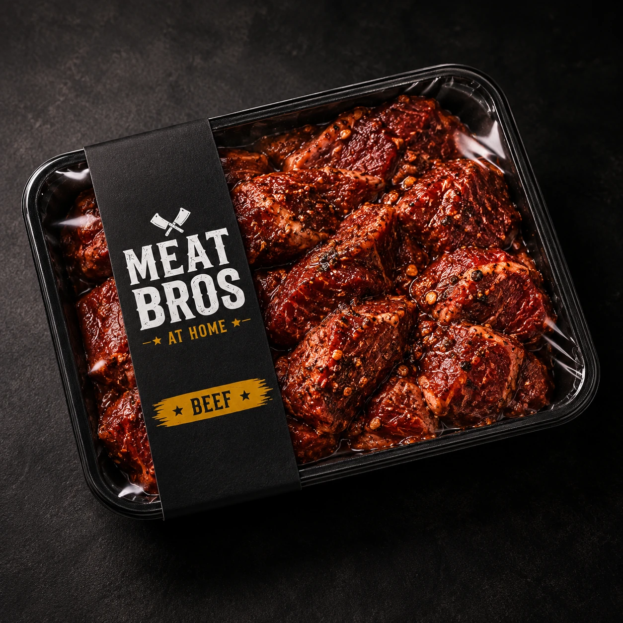 Meat Bros at Home marinated beef pack — illustrative packaging concept