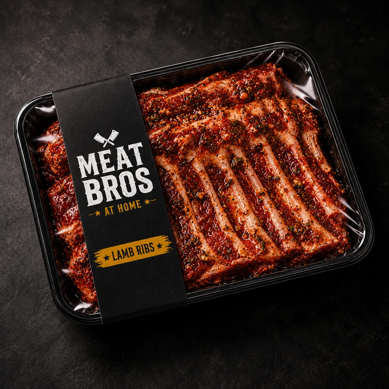 A sealed pack of marinated lamb ribs — illustrative Meat Bros packaging concept