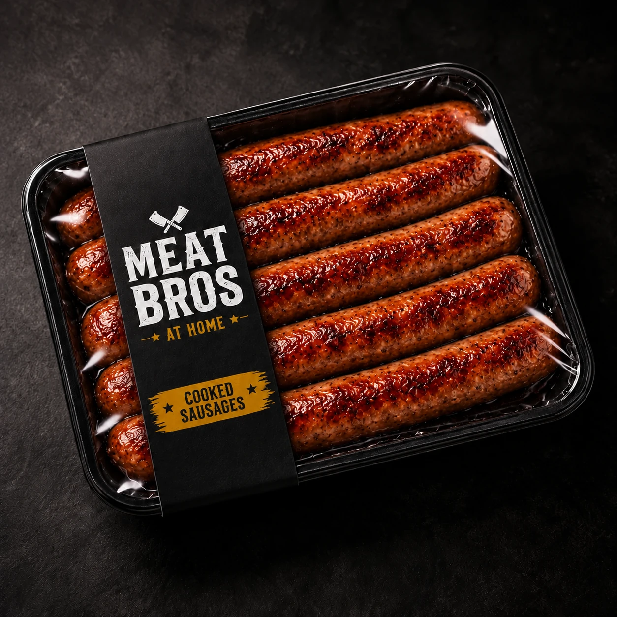 A branded box containing long cooked sausages — illustrative Meat Bros packaging concept