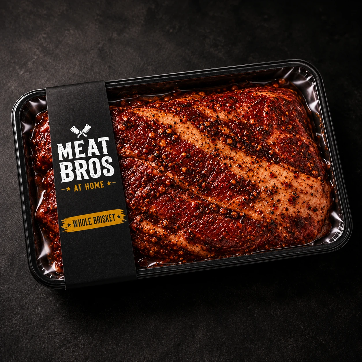 A whole marinated beef brisket in branded packaging — illustrative Meat Bros packaging concept